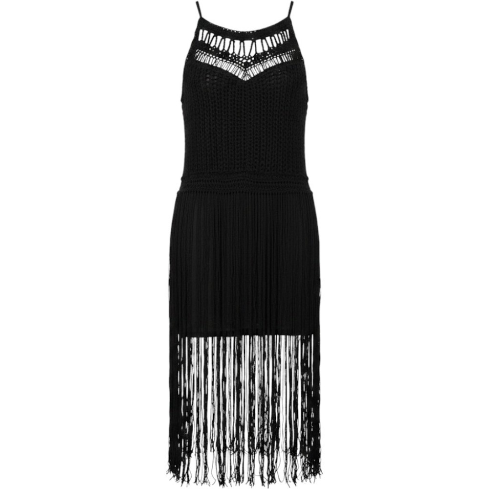 Boston‎ Proper Black Crochet Fringe Mini Dress SM Sleeveless Halter Flapper 20's